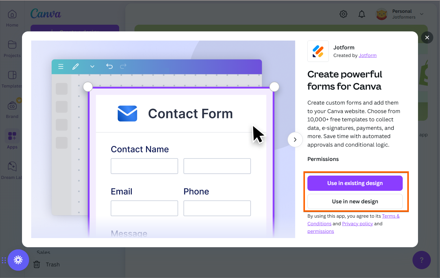 Screenshot of the Jotform app menu; a box surrounds the "Use in existing design" and "Use in new design" buttons