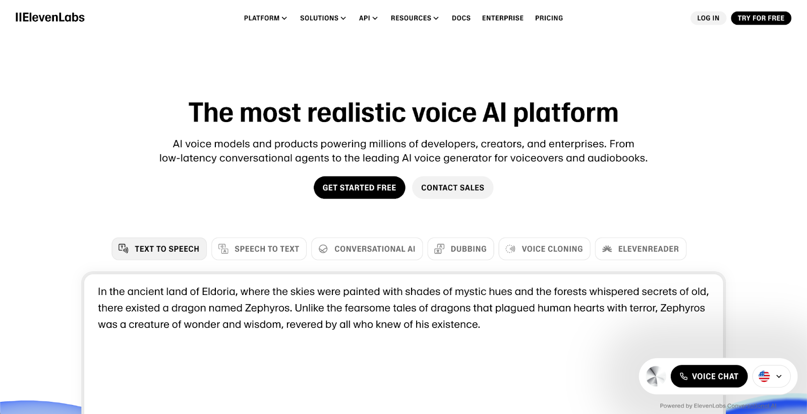ElevenLabs website page with the words: "The most realistic voice AI platform"