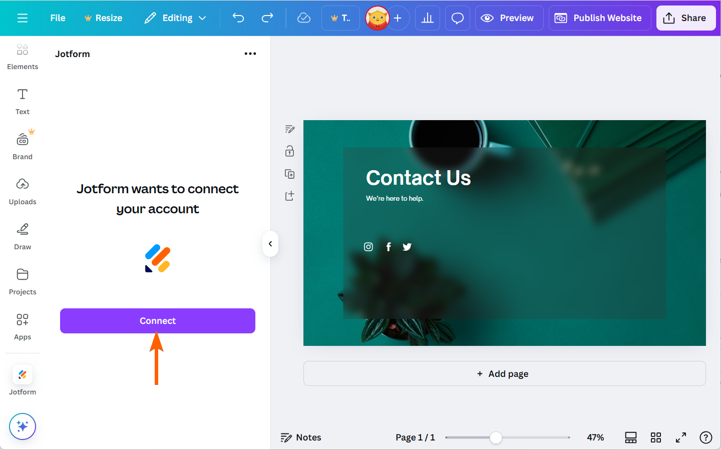 Screenshot of the Canva design suite with the Jotform app menu open; arrow points to the "Connect" button