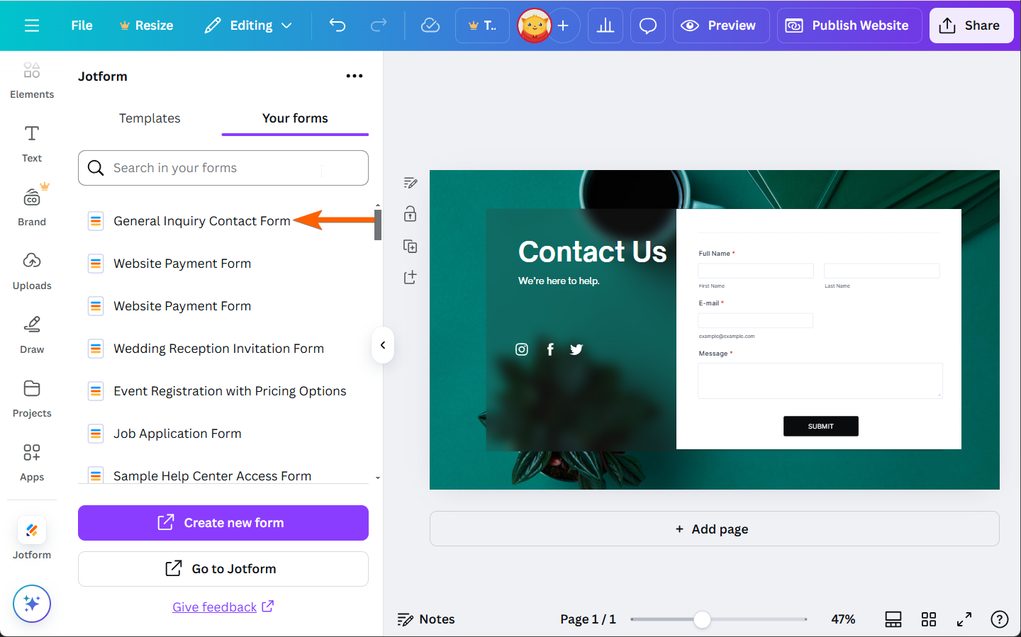 Screenshot of the Canva design suite with the Jotform app menu open; arrow points to a form in the "Your forms" menu