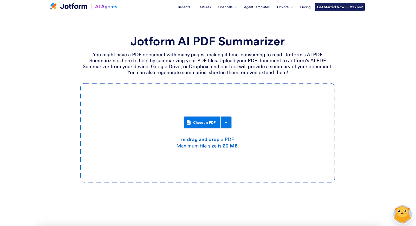 Screenshot of Jotform AI PDF Summarizer page