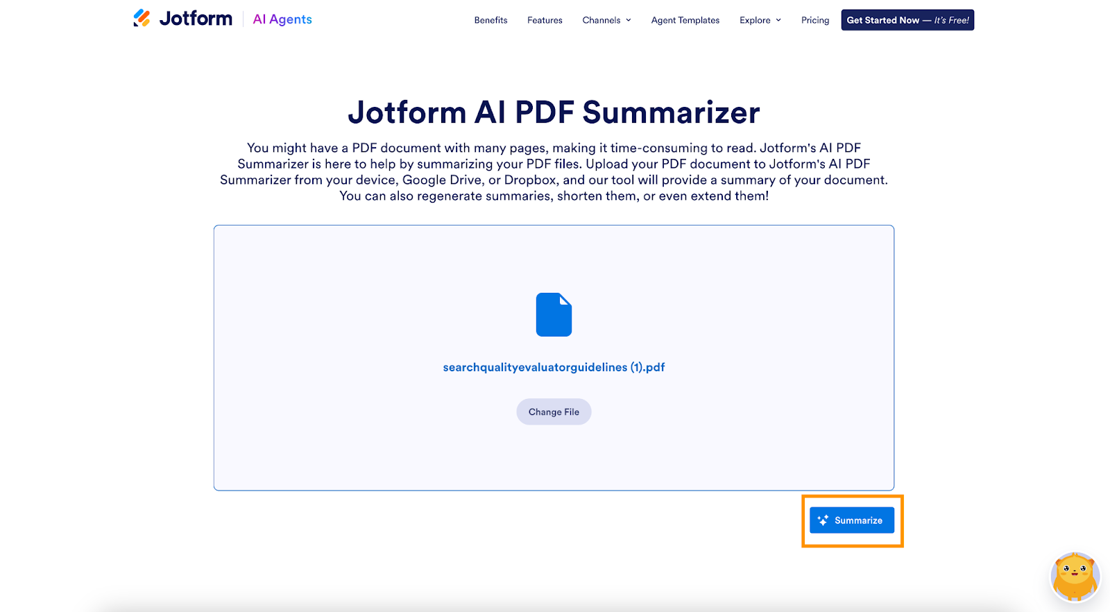 Screenshot of Jotform AI PDF Summarizer page with the "Summarise" button highlighted