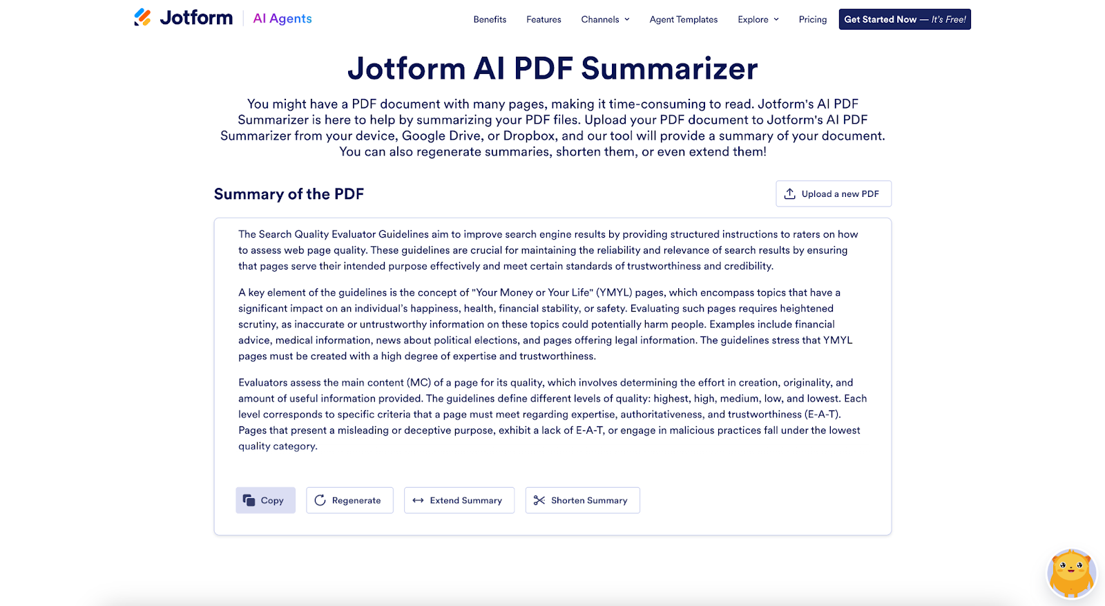 Screenshot of Jotform AI PDF Summarizer page with an example summary inputted into the tool