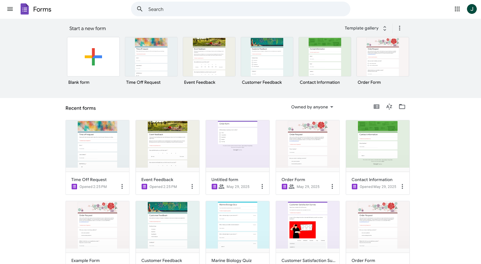A dashboard view of Google Forms showing a number of active templates