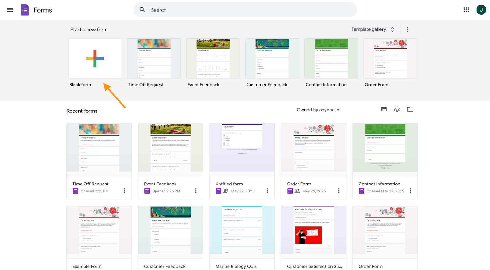 A dashboard view of Google Forms with an arrow pointing at the "Blank form" option