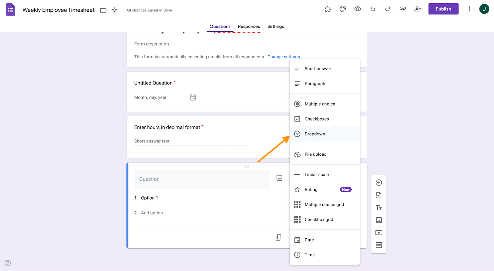 A Google Form titled "Weekly Employee Timesheet" with an arrow pointing towards the "Dropdown" option in the question drop down