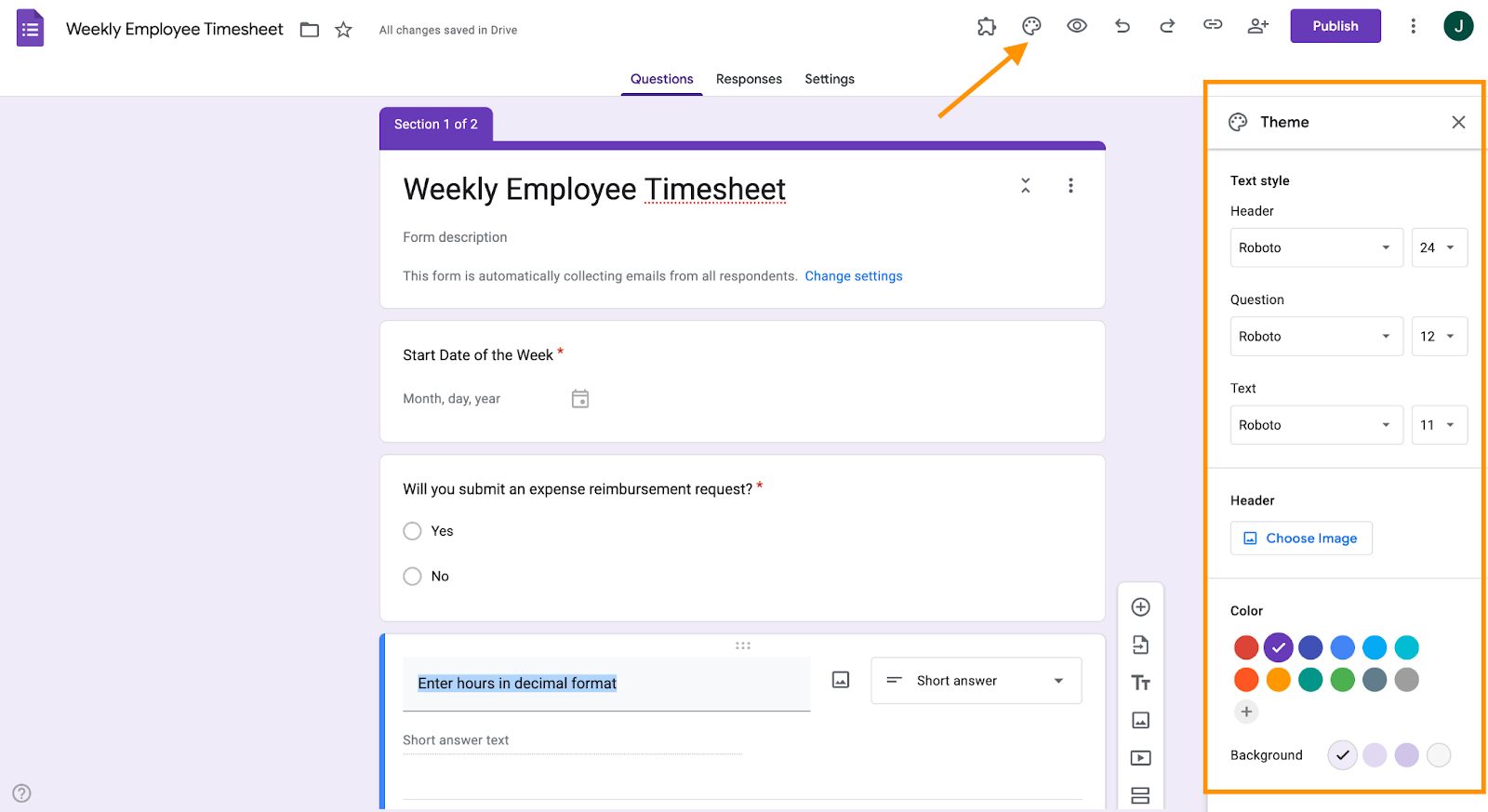 A Google Form titled "Weekly Employee Timesheet" with an arrow pointing towards "Theme" option and the customization side bar highlighted