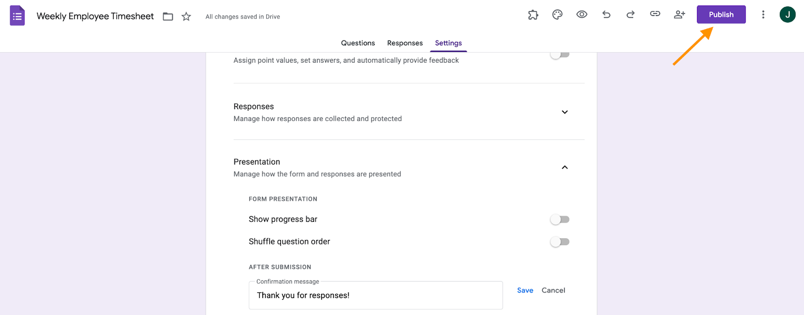 A Google Form titled "Weekly Employee Timesheet" with an arrow pointing towards the "Publish" button