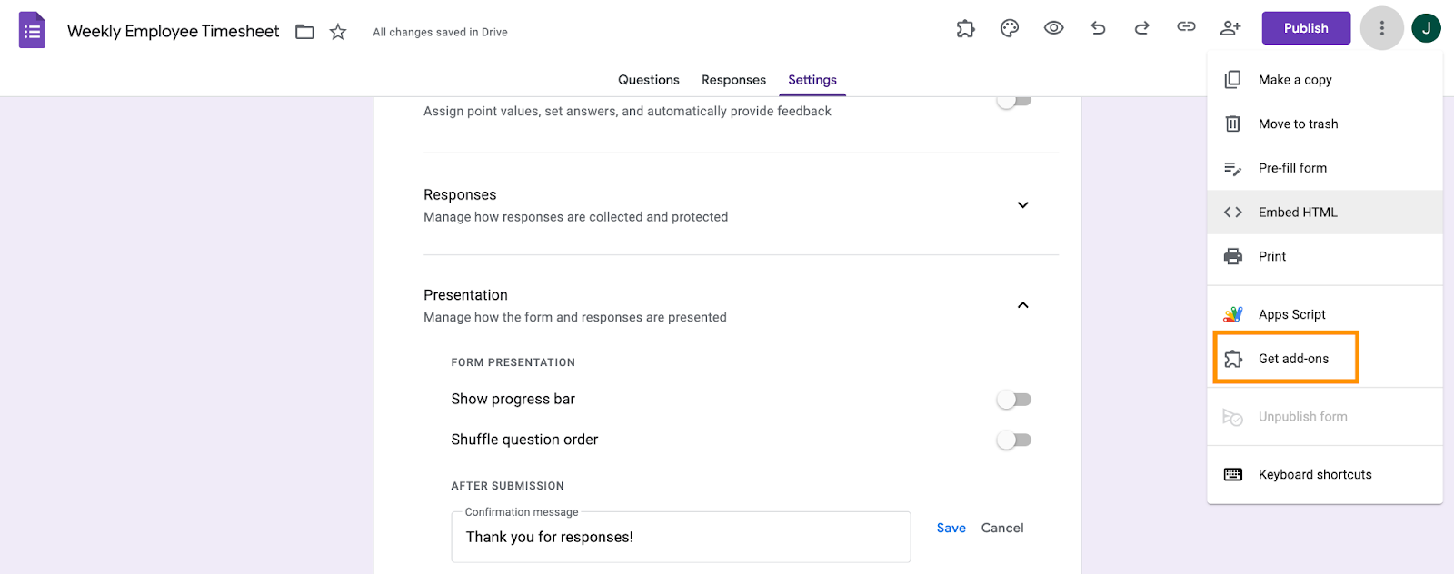 A Google Form titled "Weekly Employee Timesheet" with the "Get add-ons" option highlighted