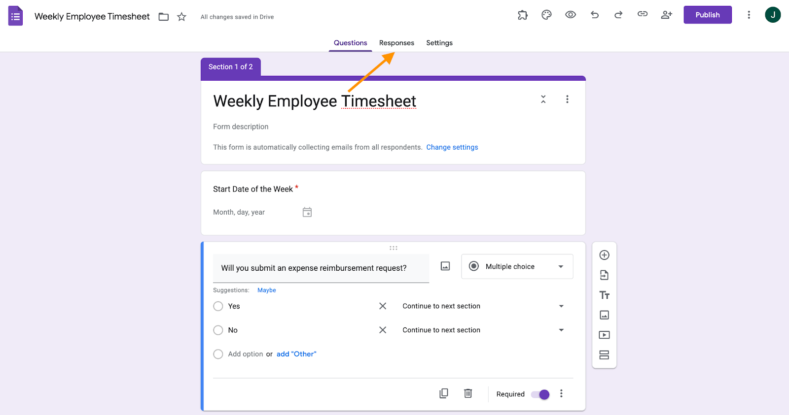 A Google Form titled "Weekly Employee Timesheet" with an arrow pointing towards the "Responses" section
