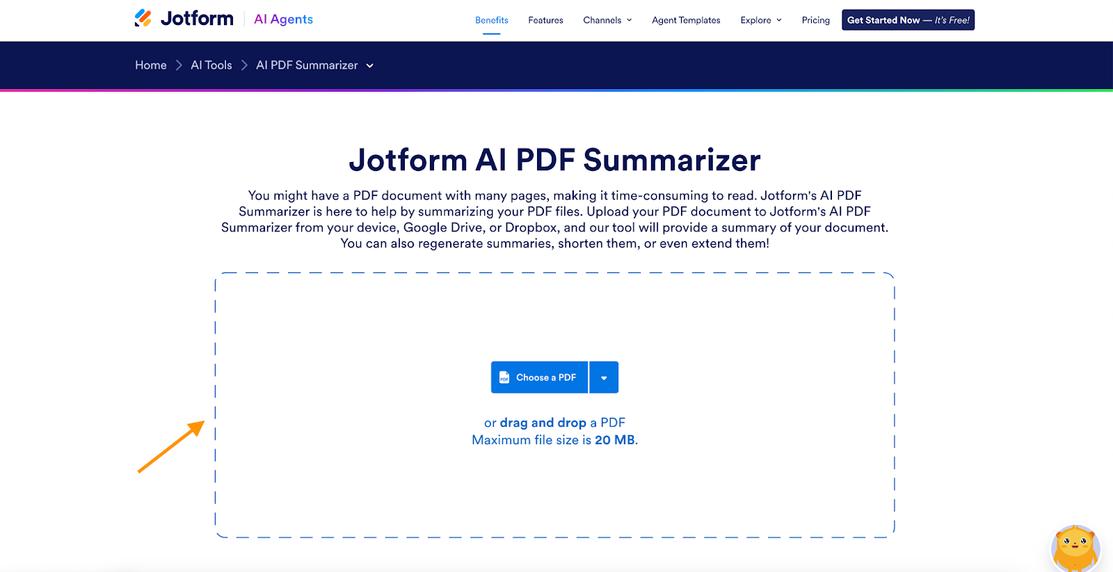 Jotform AI PDF Summarizer Landing Drag & Drop Box