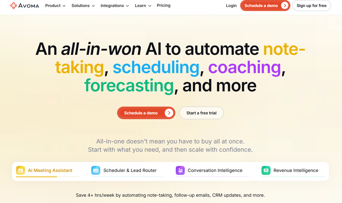 Screenshot of Avoma's landing page