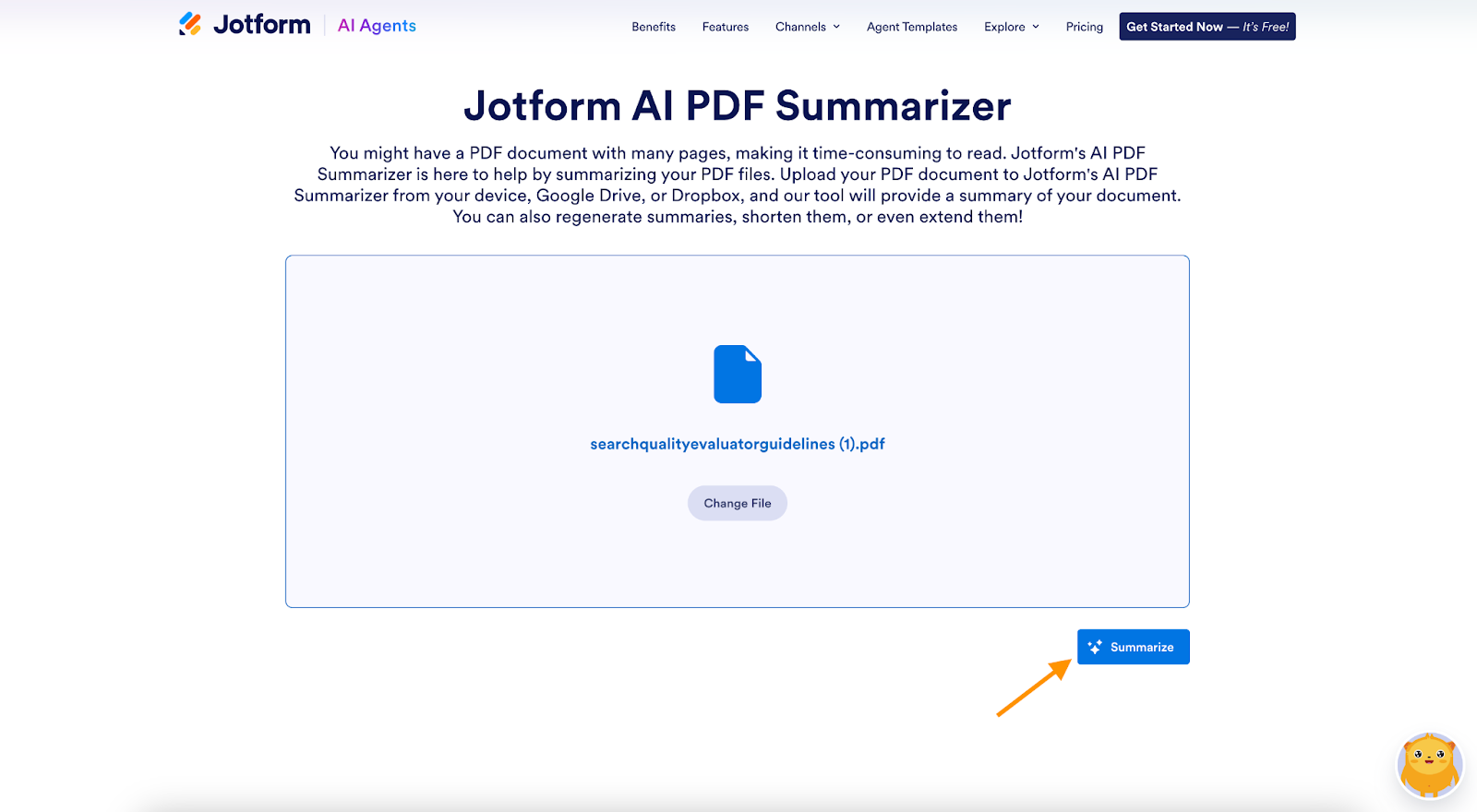 Jotform AI PDF Summarizer Summarize Button