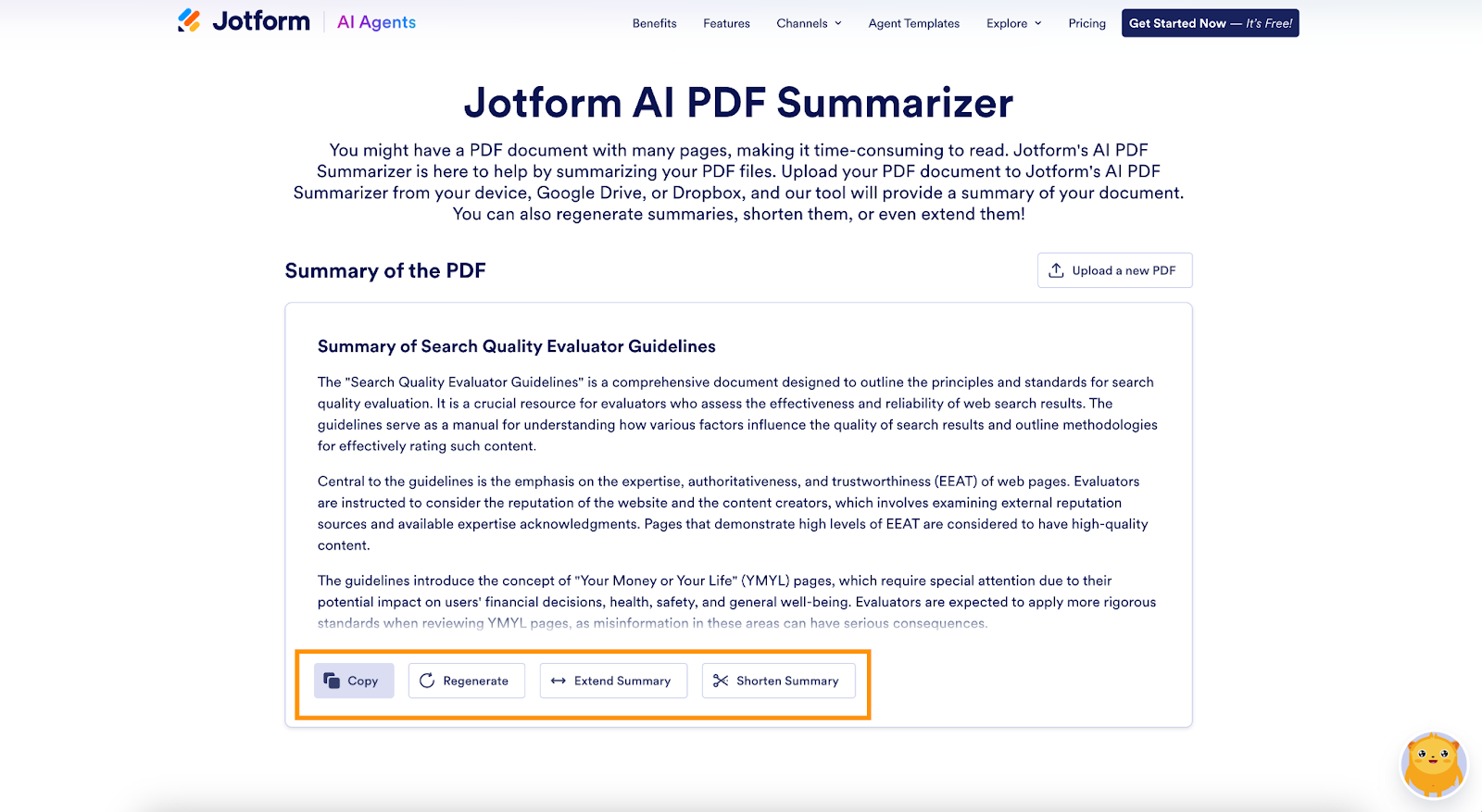 Jotform AI PDF Summarizer Copy Button