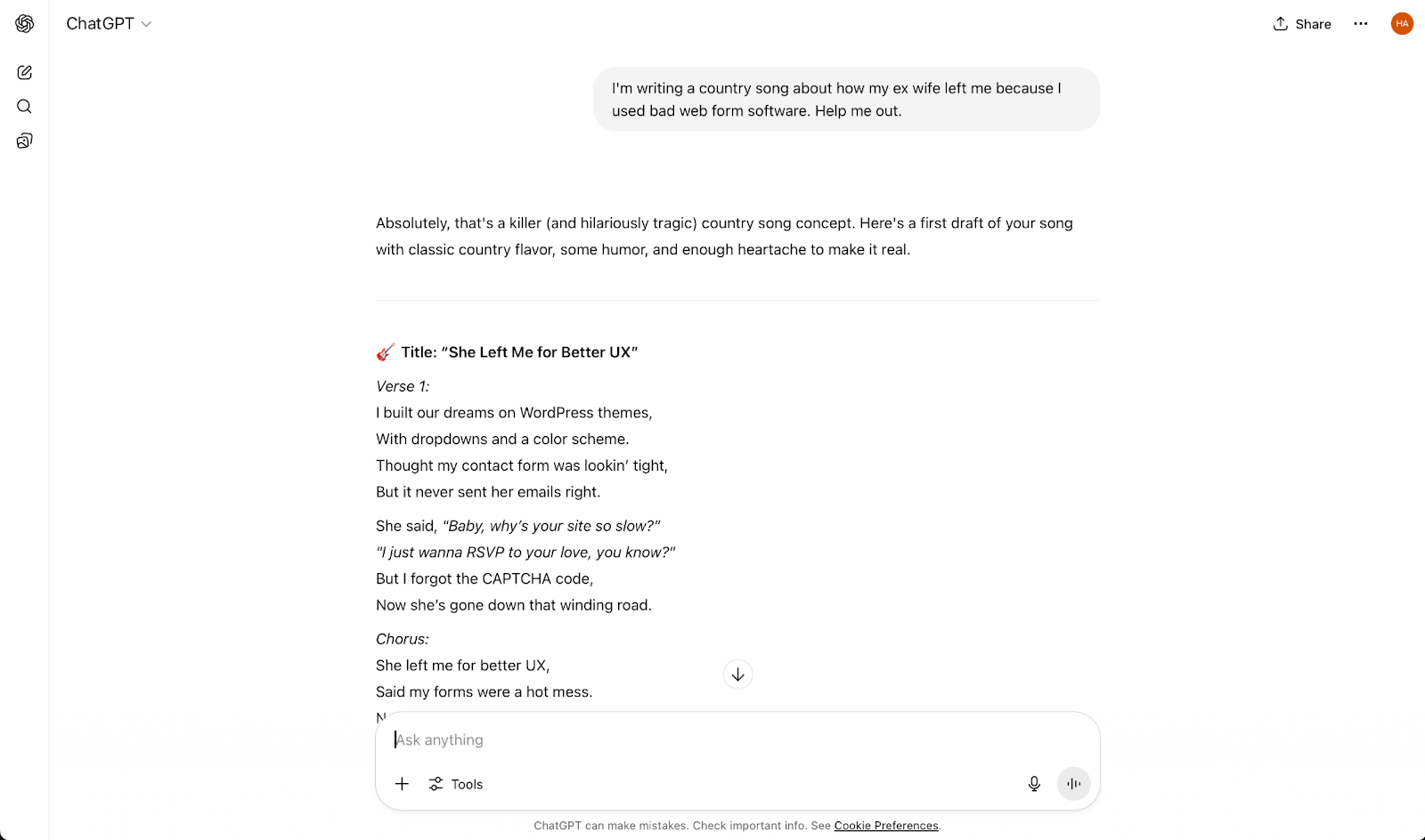 chatgpt chat interface asking the tool to generate lyrics based on given prompts