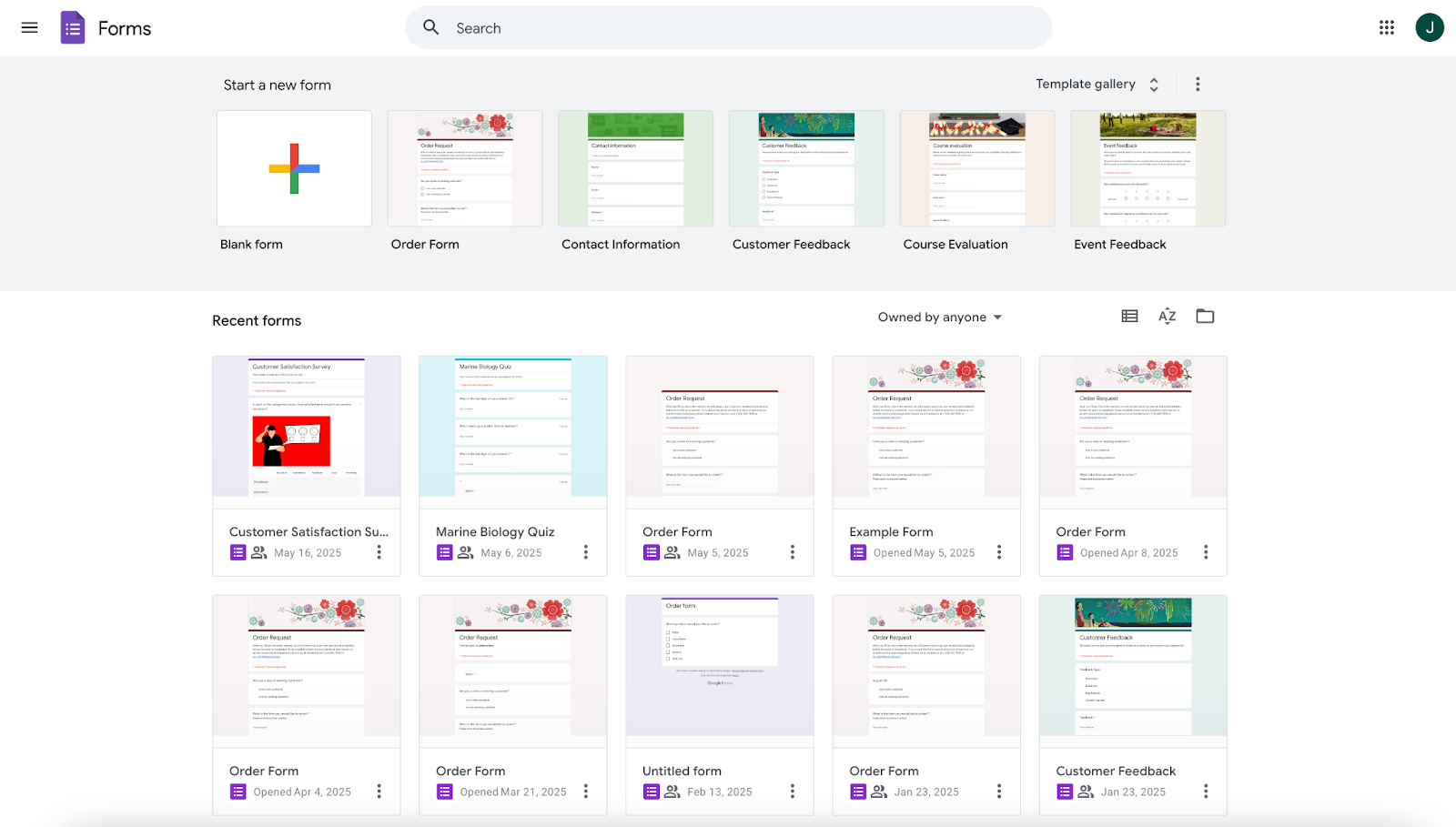Google Forms Main Menu
