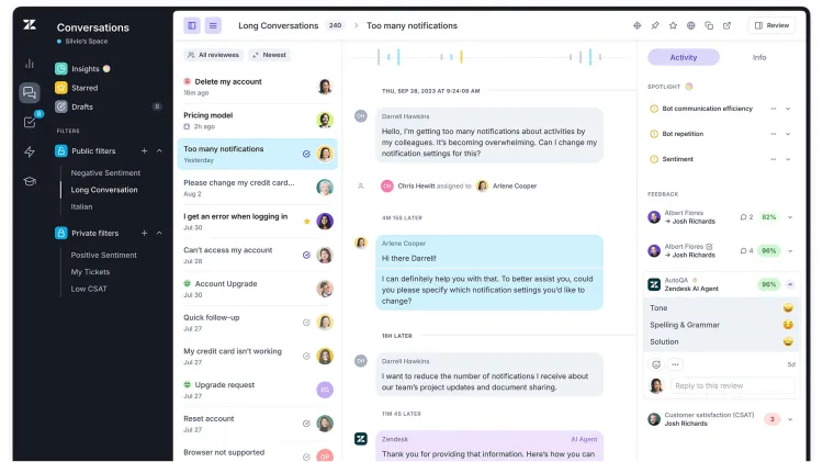 Screenshot of Zendesk AI's "Conversations" dashboard showing example conversations with customers