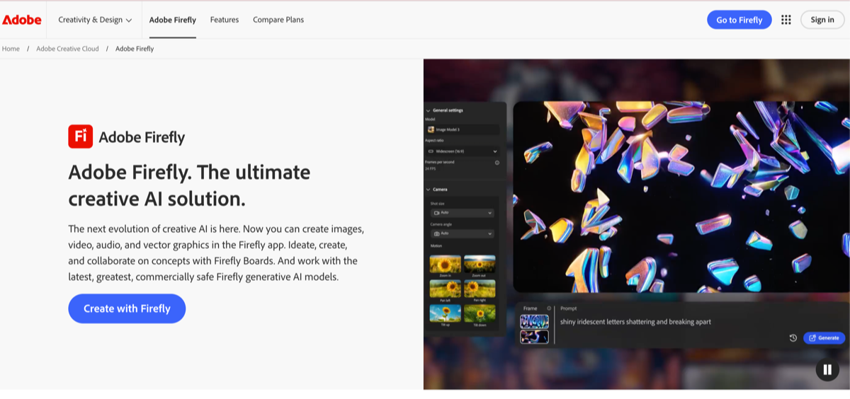 adobe firefly landing page with the words adobe firefly the ultimate creative AI solution