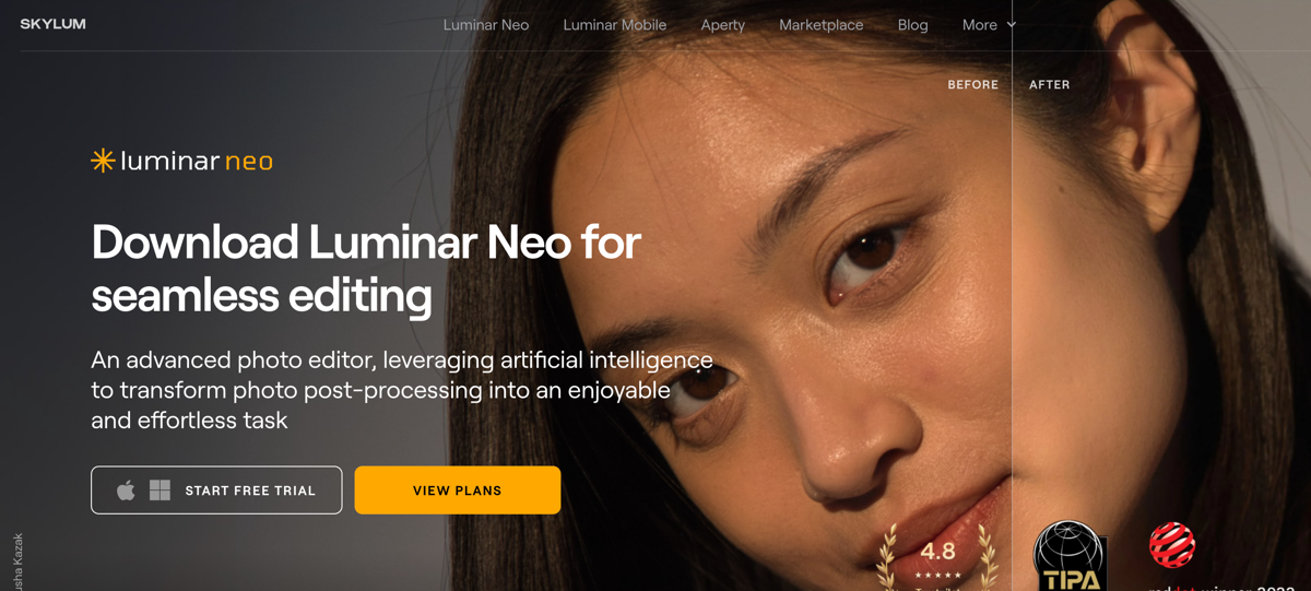 screenshot of skylum website homepage with the words download luminar neo for seamless editing