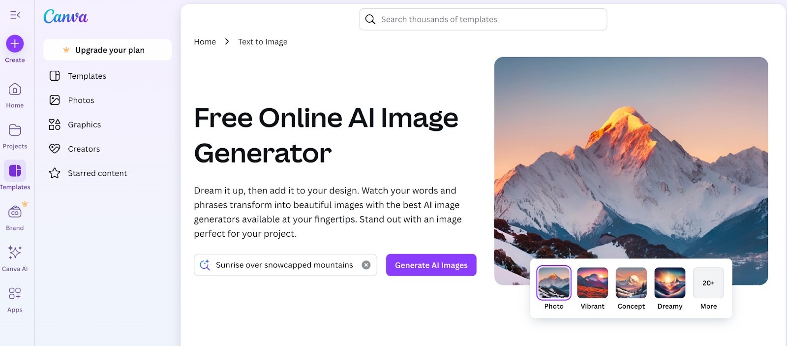 screenshot of Canva AI with the words free online AI image generator