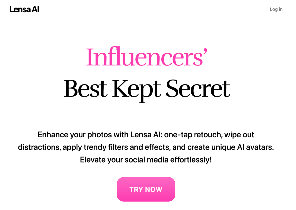 screenshot of Lensa AI homepage with the words influencers' best kept secret