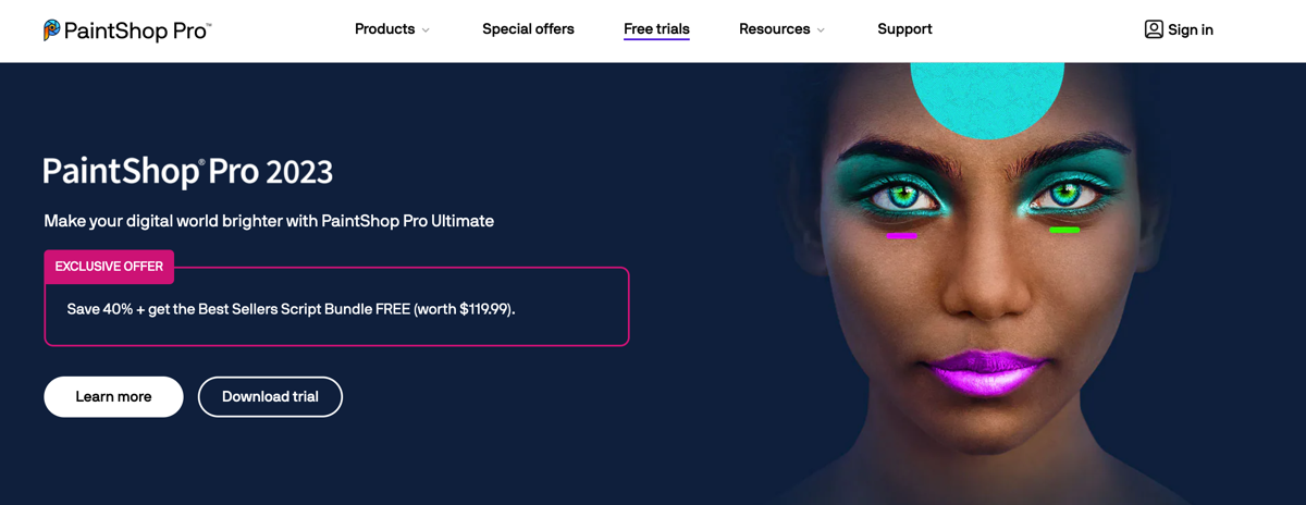 screenshot of paintshop pro website homepage with the words make your digital world brighter with Paintsop pro ultimate