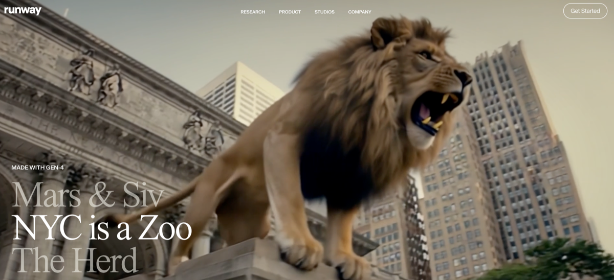 screenshot of runway ML website homepage with an AI generated lion taking over the city