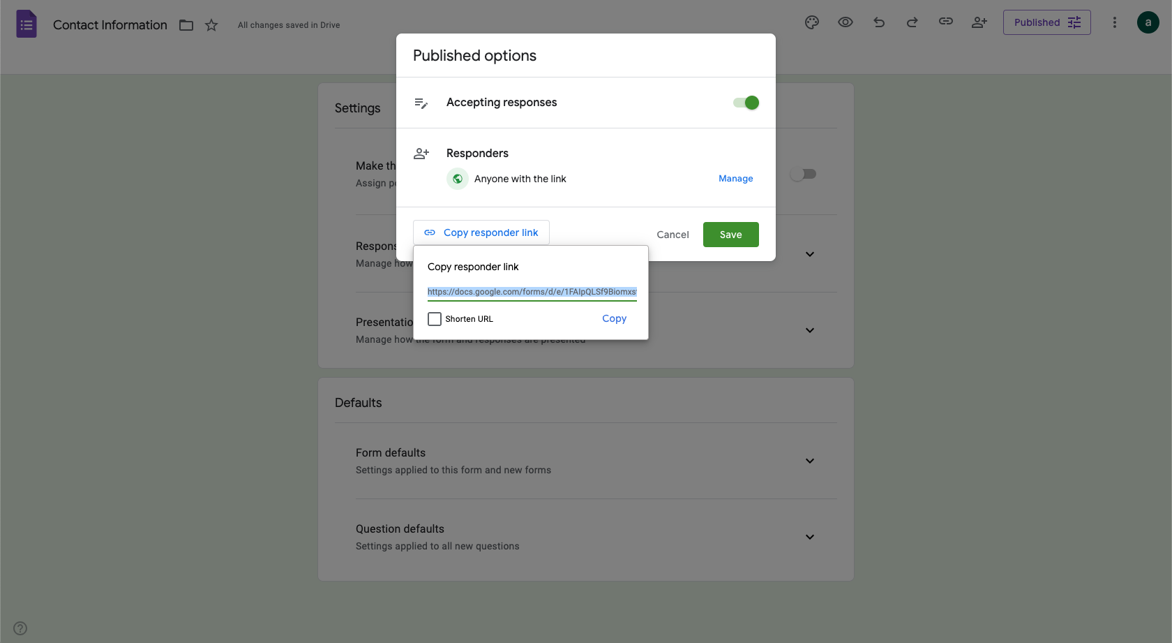 Google Forms Copy Respondee Link