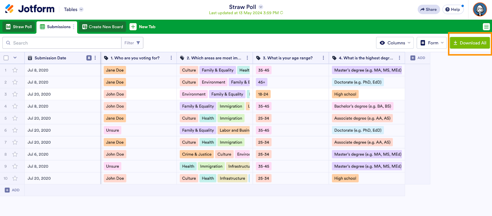 Jotform Tables Download All Button