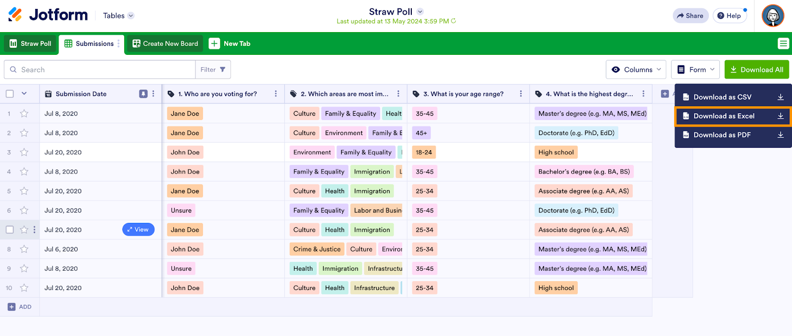 Download as Excel Button