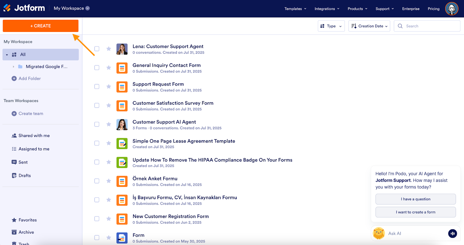 Screenshot of Jotform's "My Workspace" dashboard with an arrow pointing towards the "+Create" button