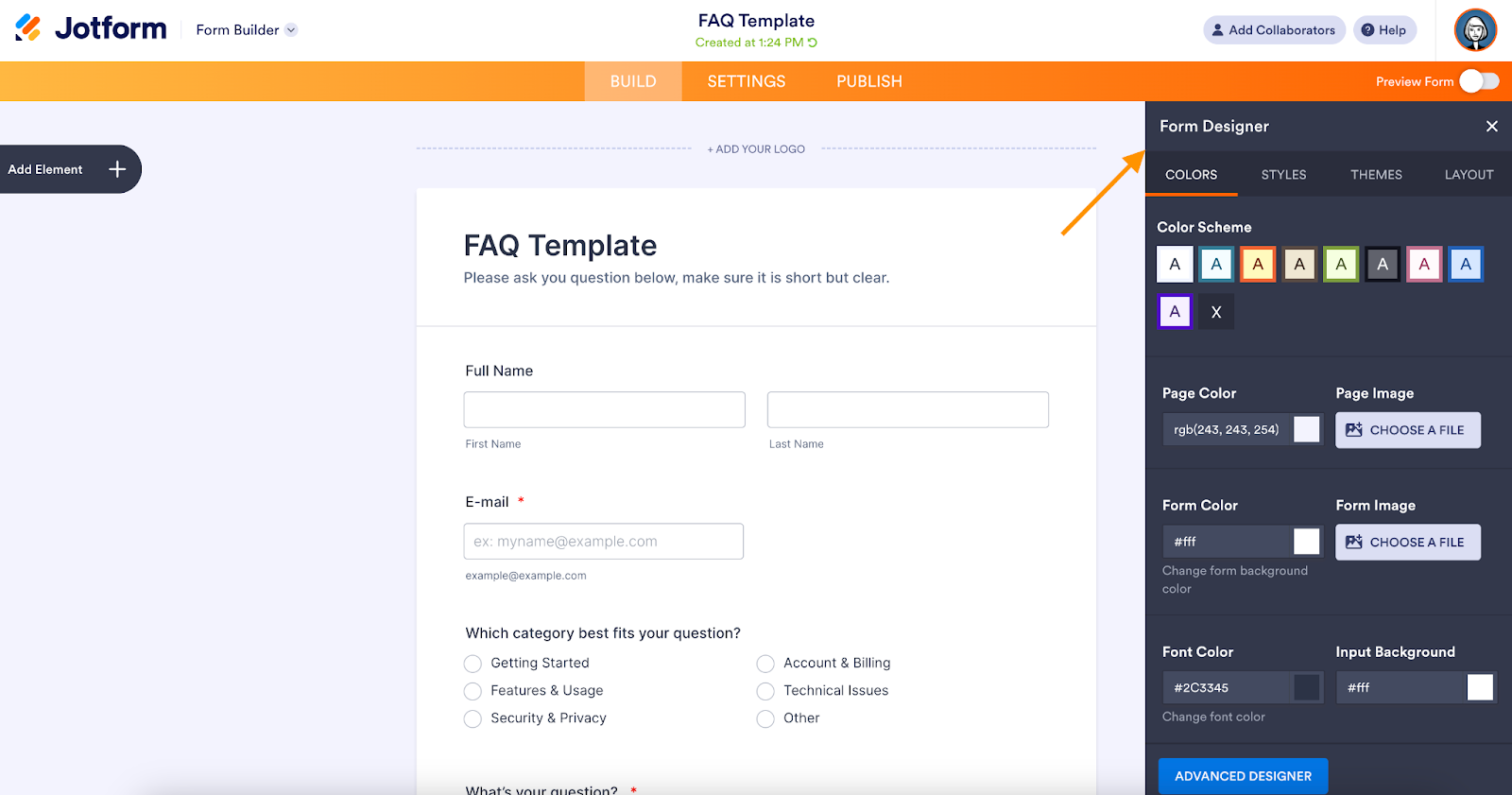 Screenshot of Jotform's Form Builder showing an example "FAQ Template" with an arrow pointing towards the "Form Designer"