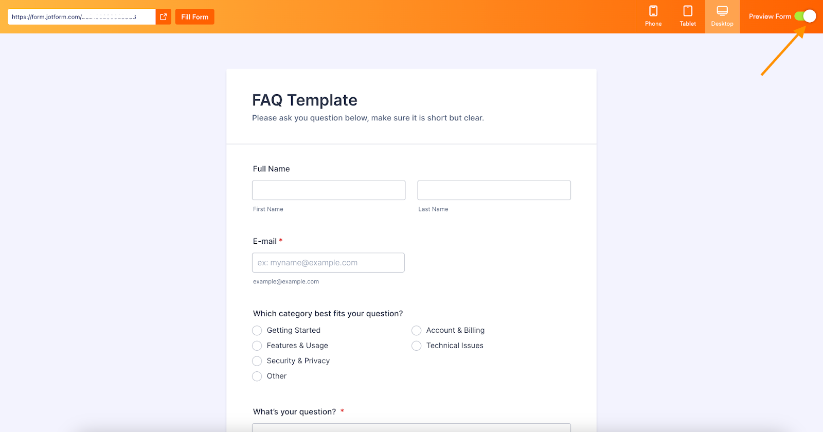 Screenshot of Jotform's Form Builder showing an example "FAQ Template" with an arrow pointing towards the "Preview Form" toggle