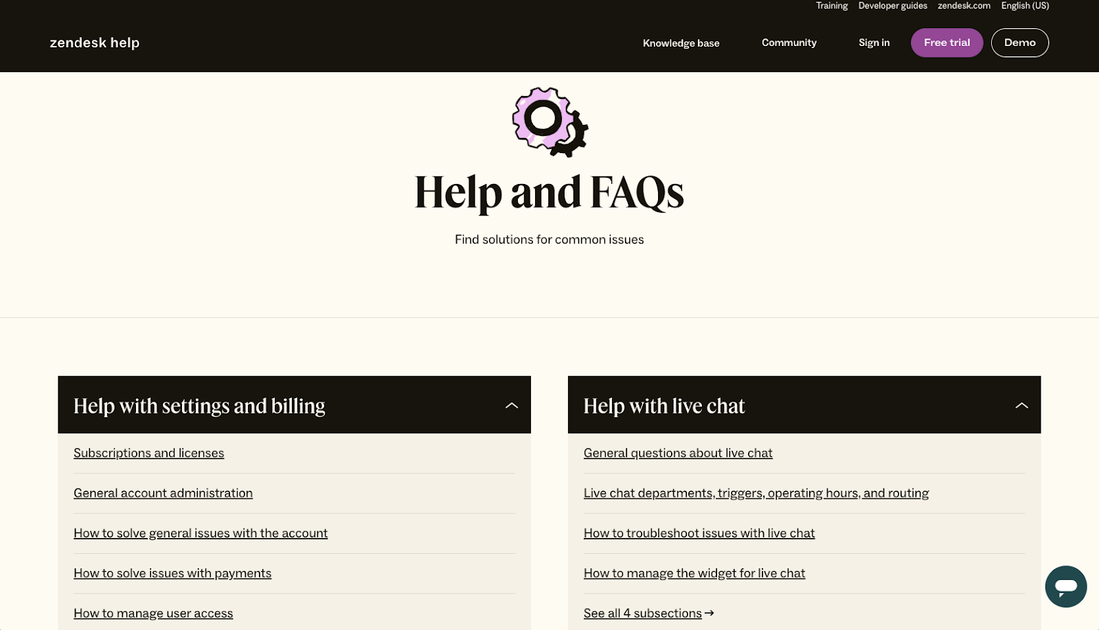 Screenshot of Zendesk's FAQs page