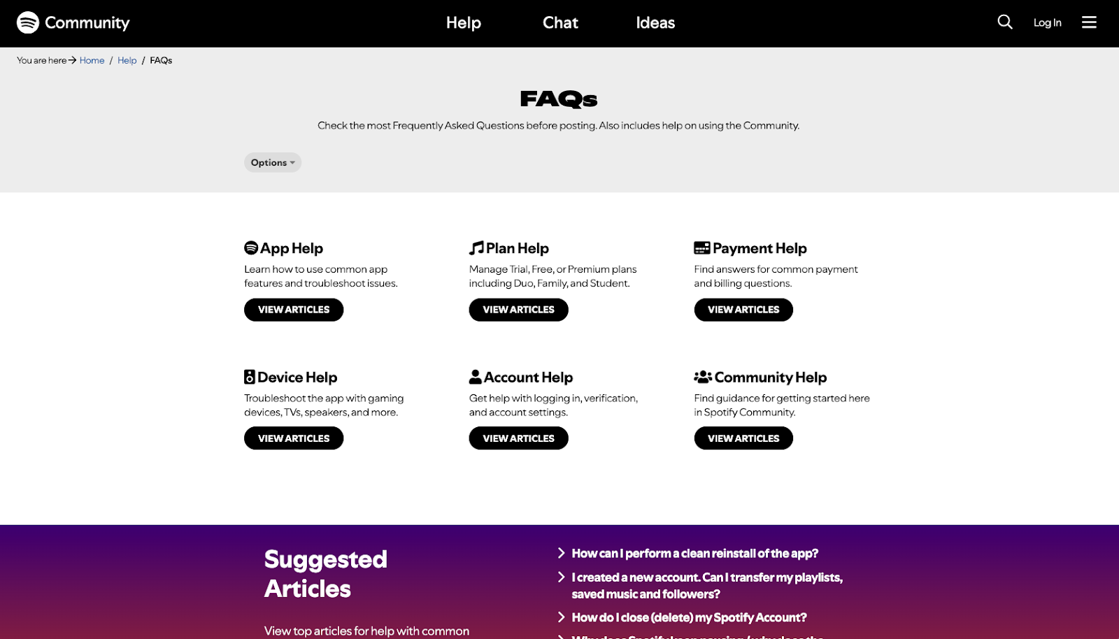 Screenshot of Spotify's FAQs page