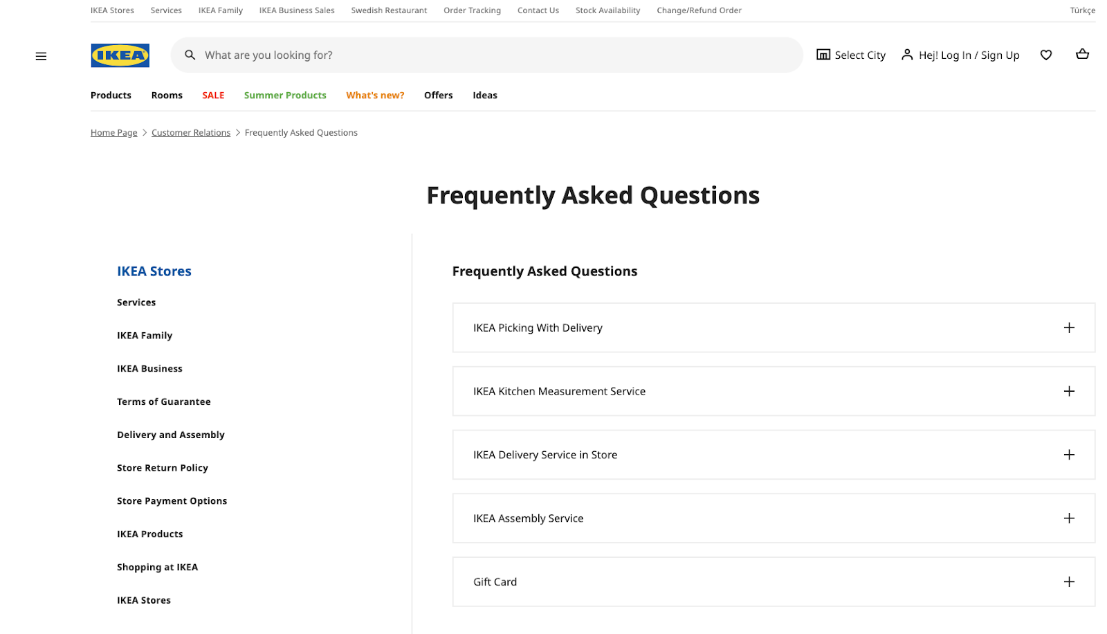 Screenshot of IKEA's FAQs page