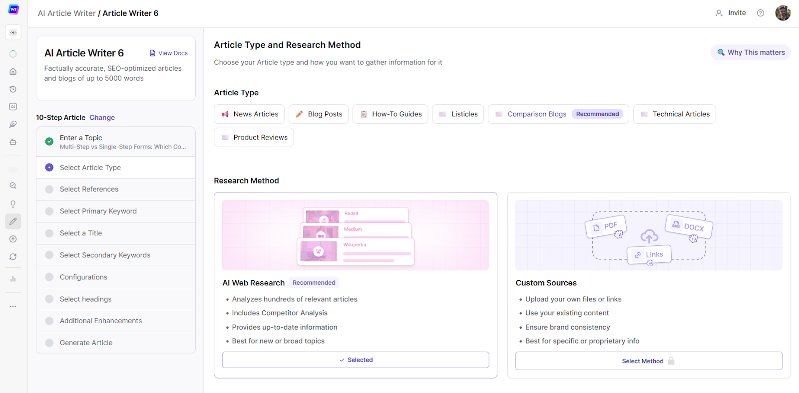 Writesonic AI Article Writer interface showing 10 prompting steps including "enter a topic," "select article type," and "select references"