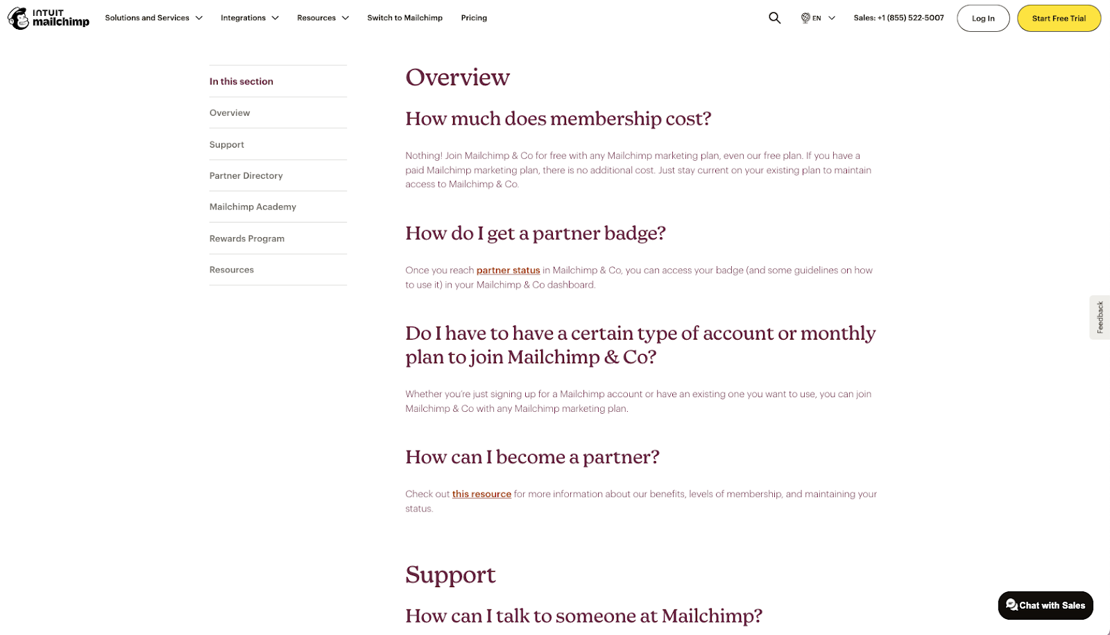 Screenshot of Mailchimp's FAQs page