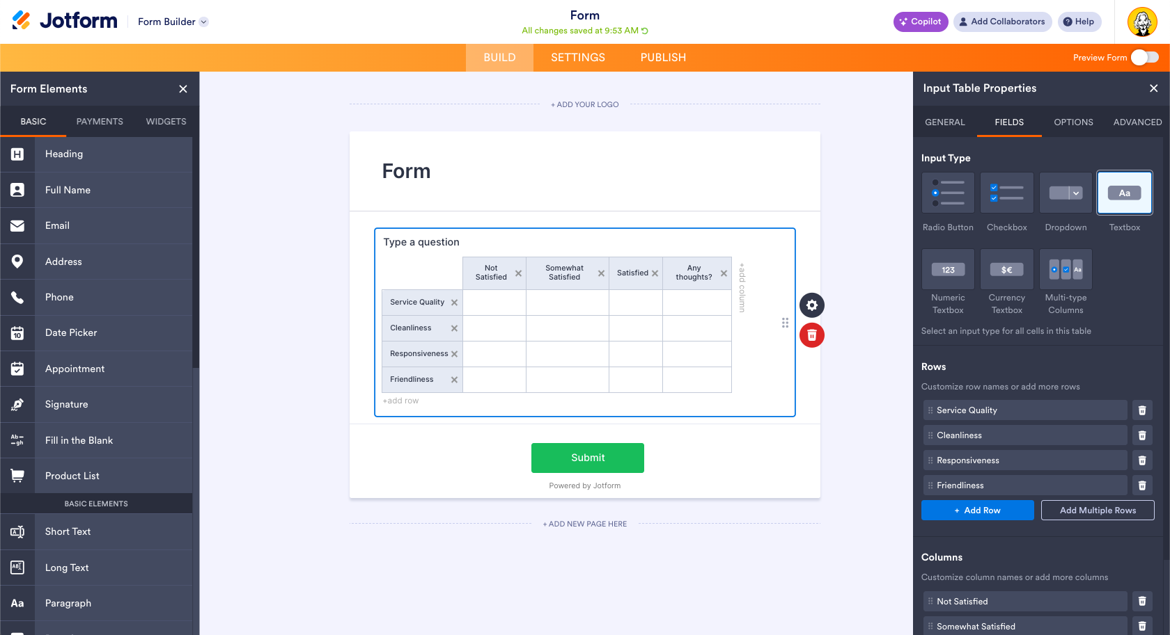 Input Table Field Textbox Option