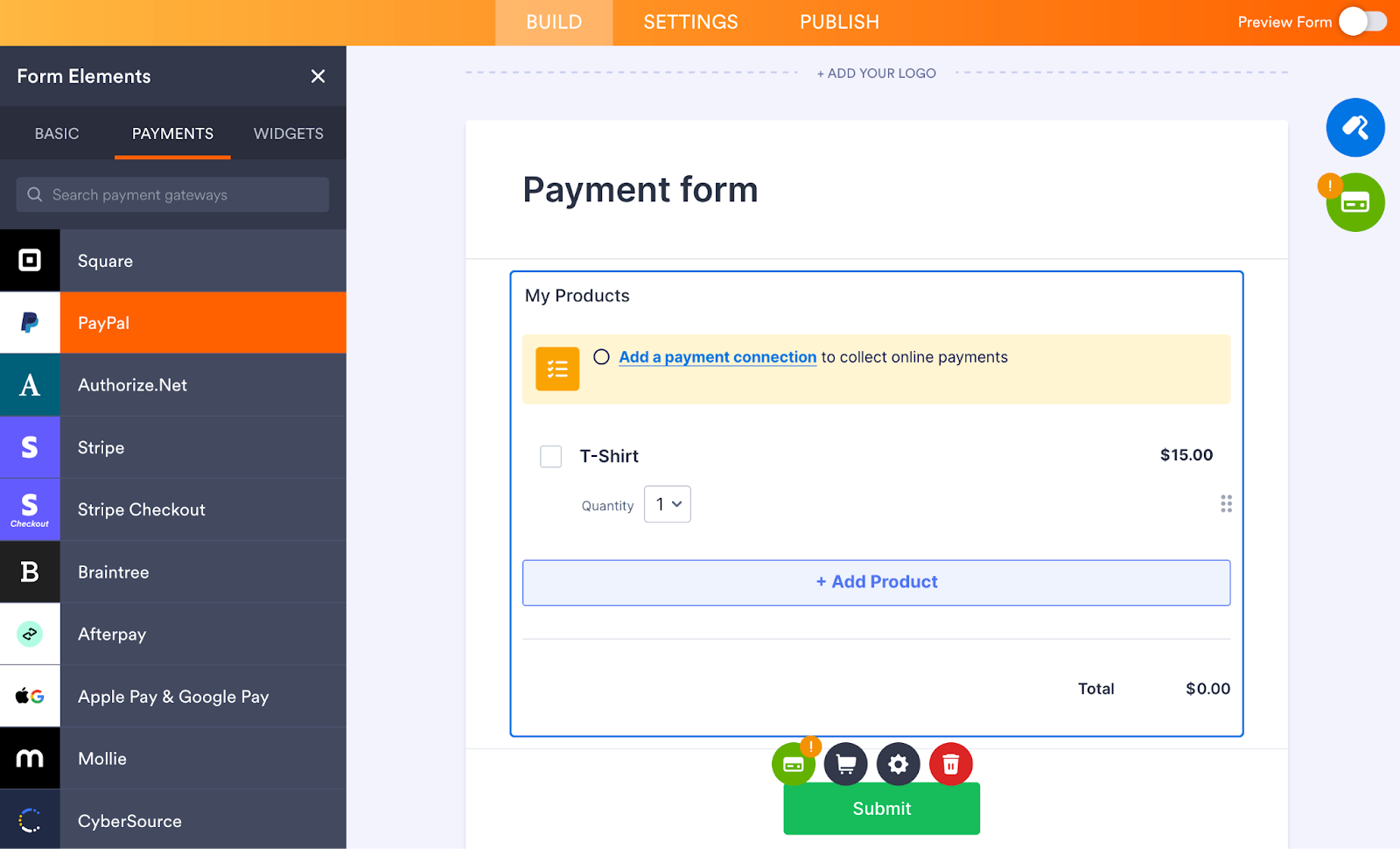 Selecting PayPal from the Payment option on the Jotform Form Builder