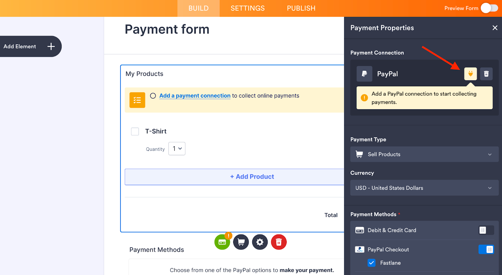 Clicking on the plug icon in the Payment Properties window