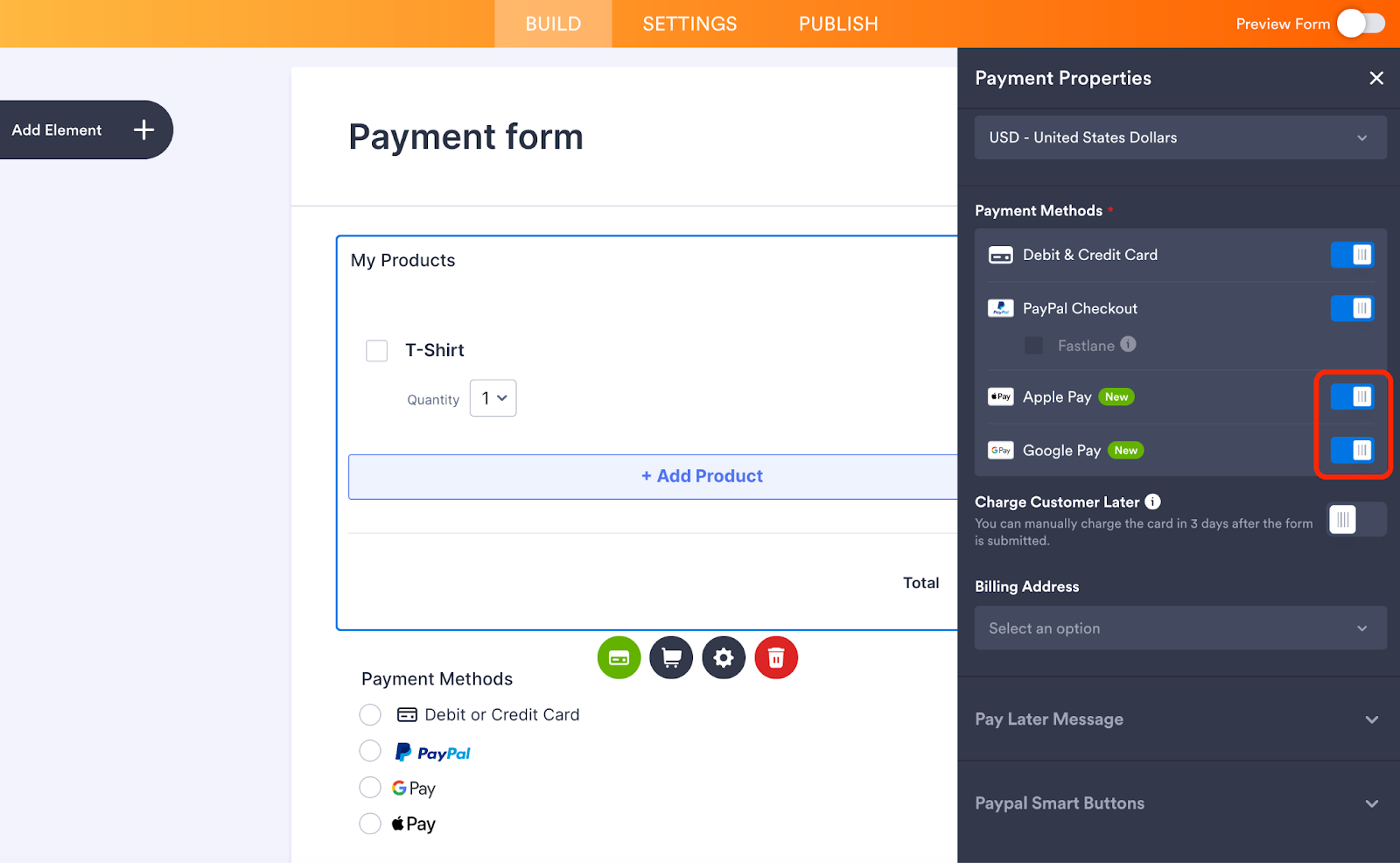 Enabling Apple Pay and Google Pay in the payment methods on the Payment Properties window