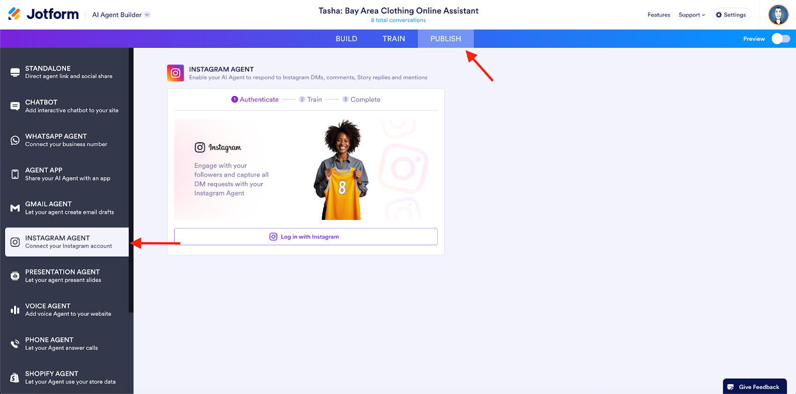 Clicking on the Publish tab, clicking on the Instagram Agent option on the AI Agent Builder