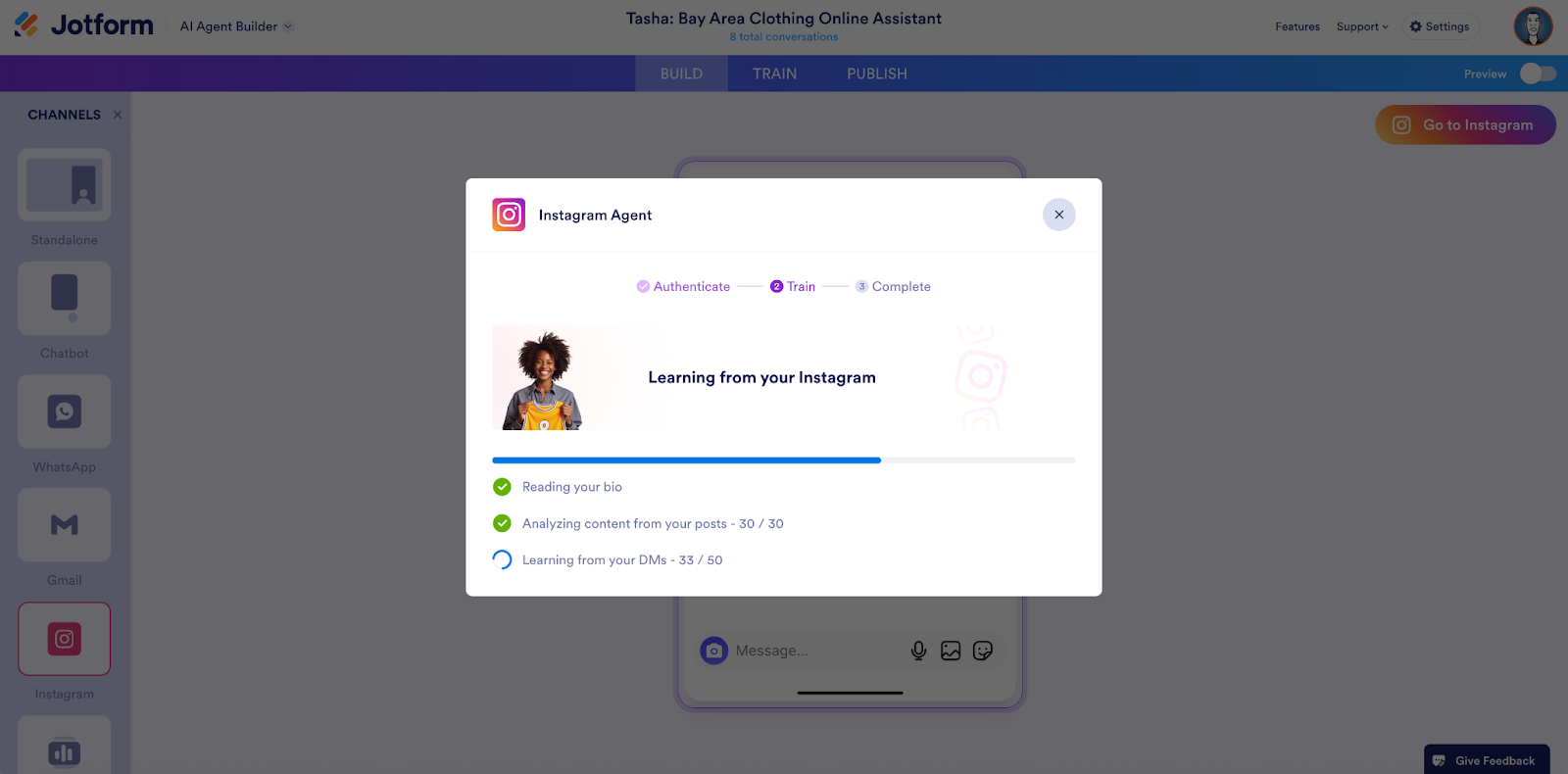 Instagram Agent window displaying the message" Learning from your Instagram" on the Jotform AI Agent Builder