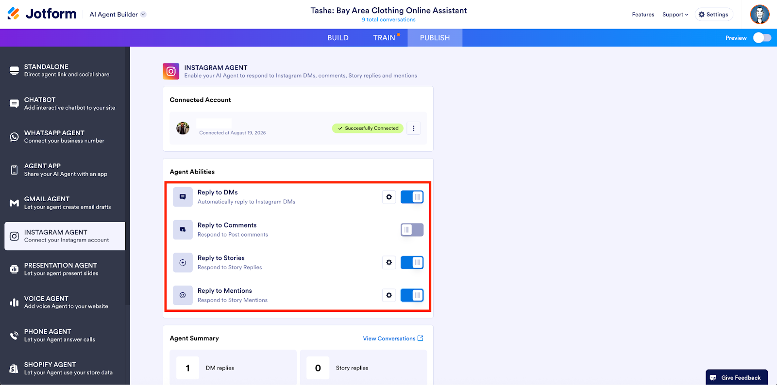 Highlighting the options under the Agent Abilities