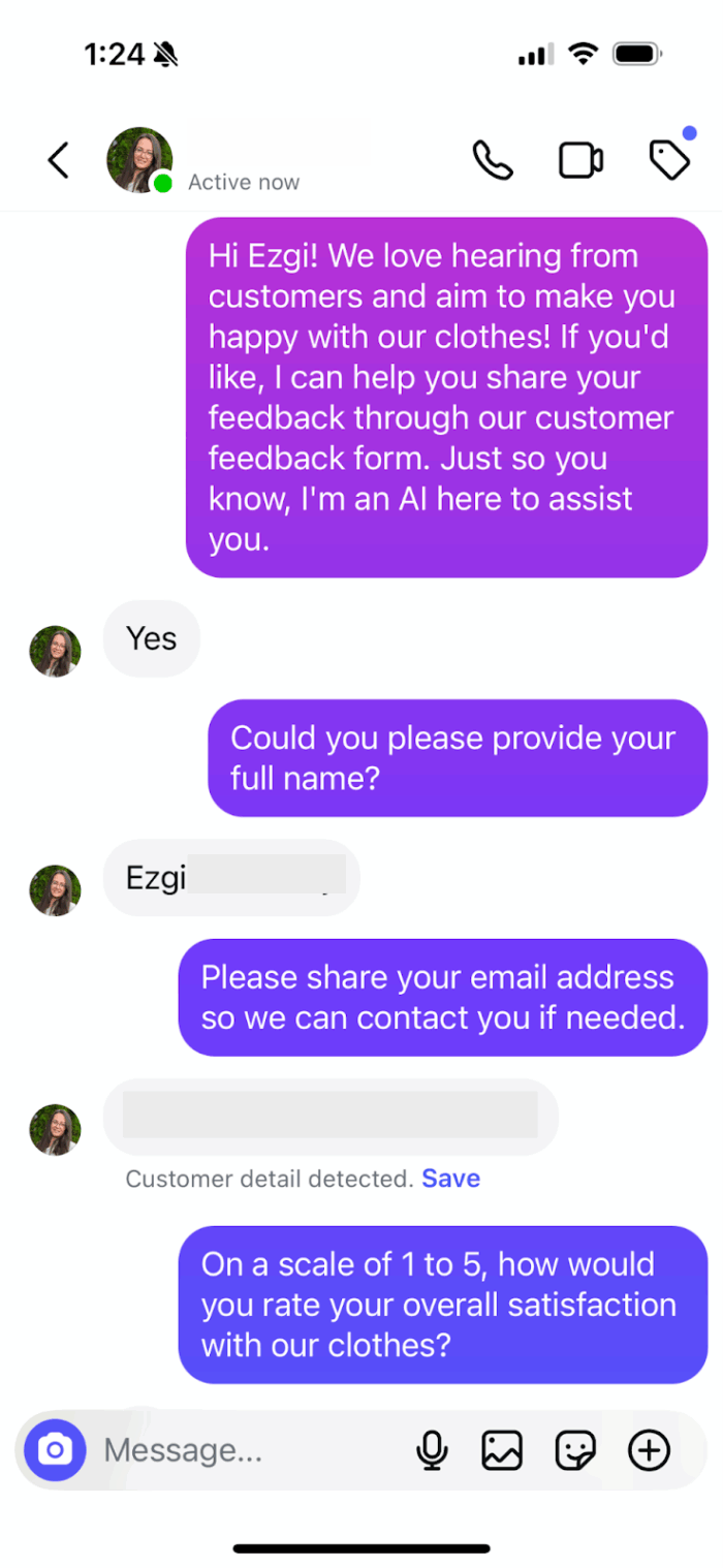 Viewing the messages from the customer on Instagram