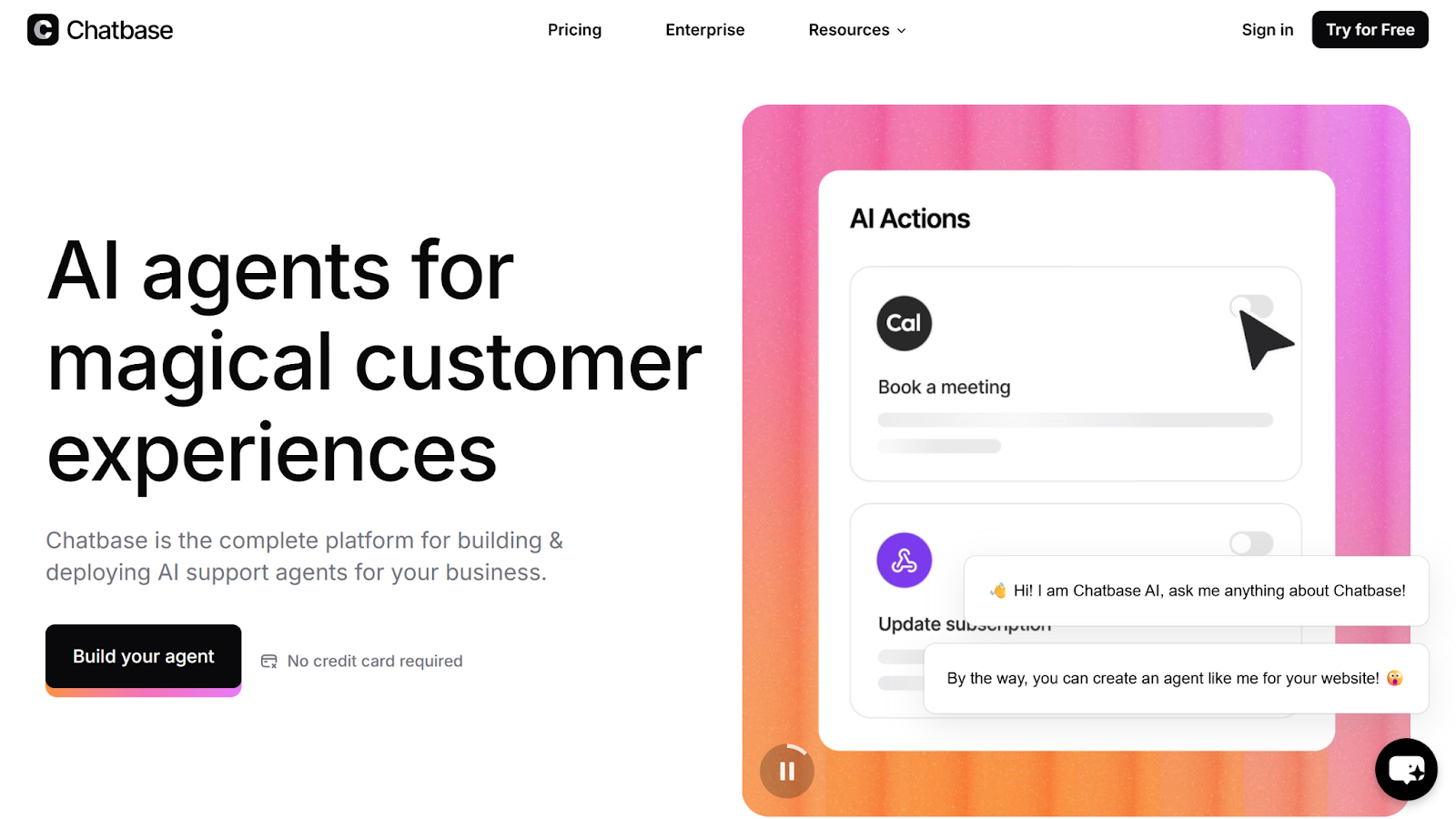 screenshot of the chatbase homepage with the words AI agents for magical customer experiences
