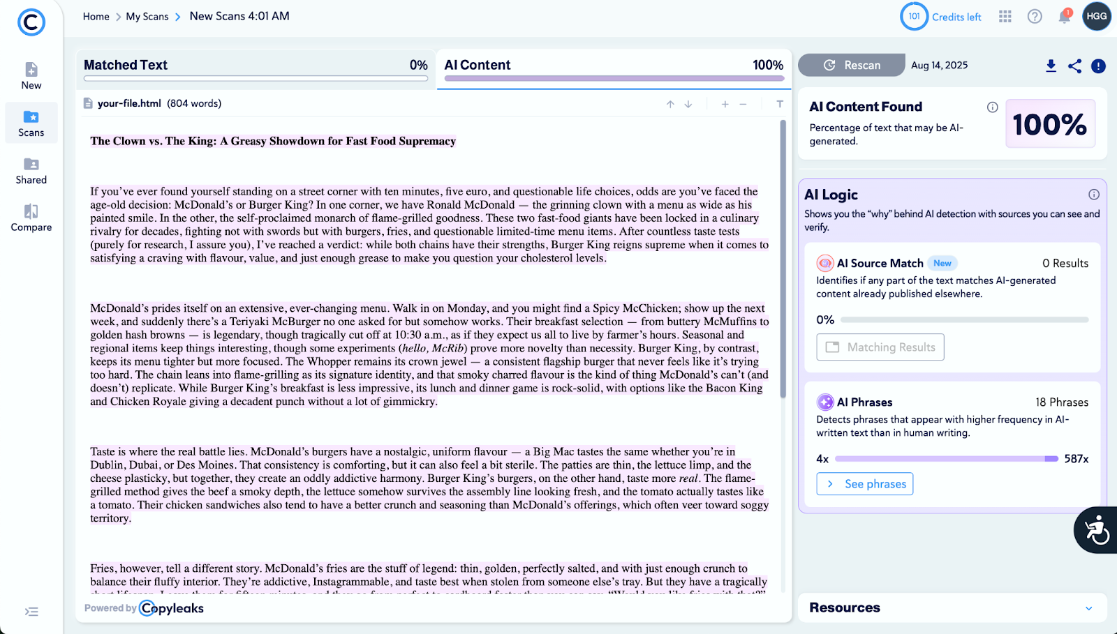 screenshot of Copyleaks user interface