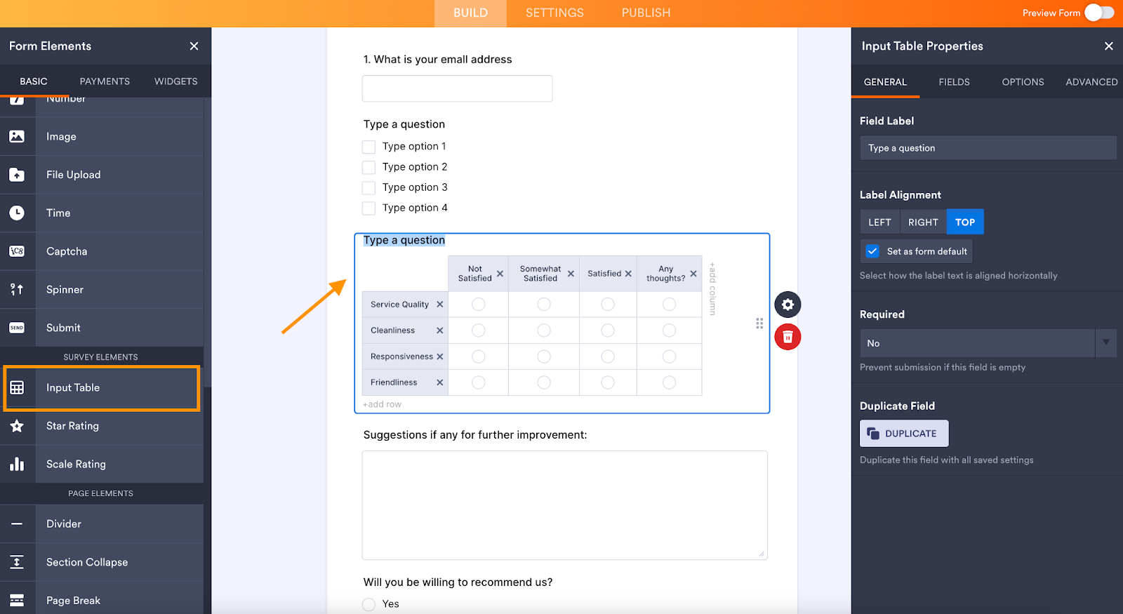 Jotform Checkbox Grid Field