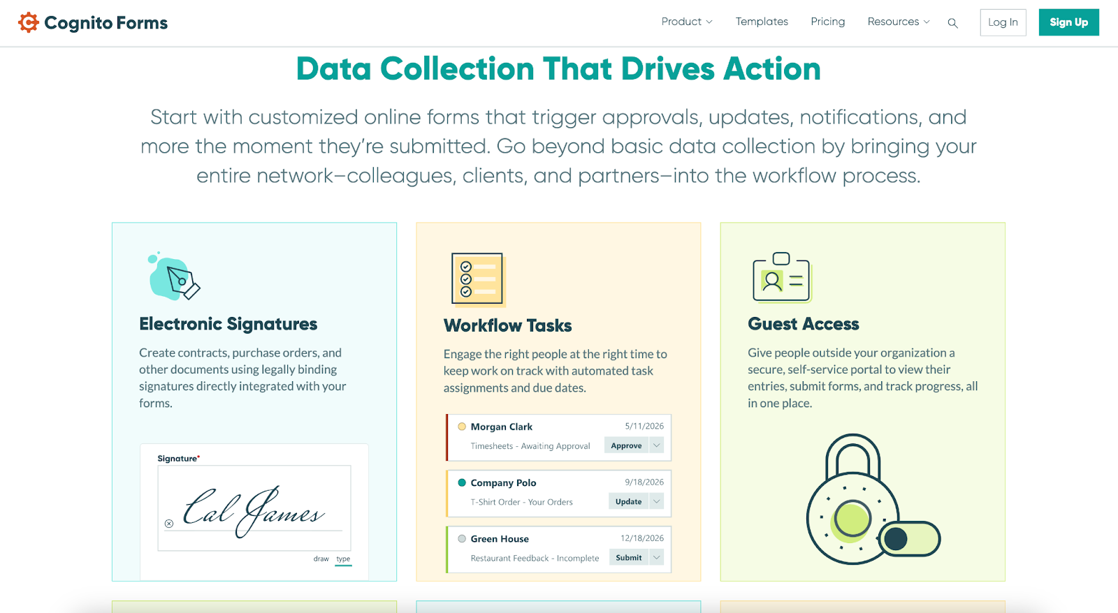 screenshot of cognito forms website homepage with the words data collection that drives action